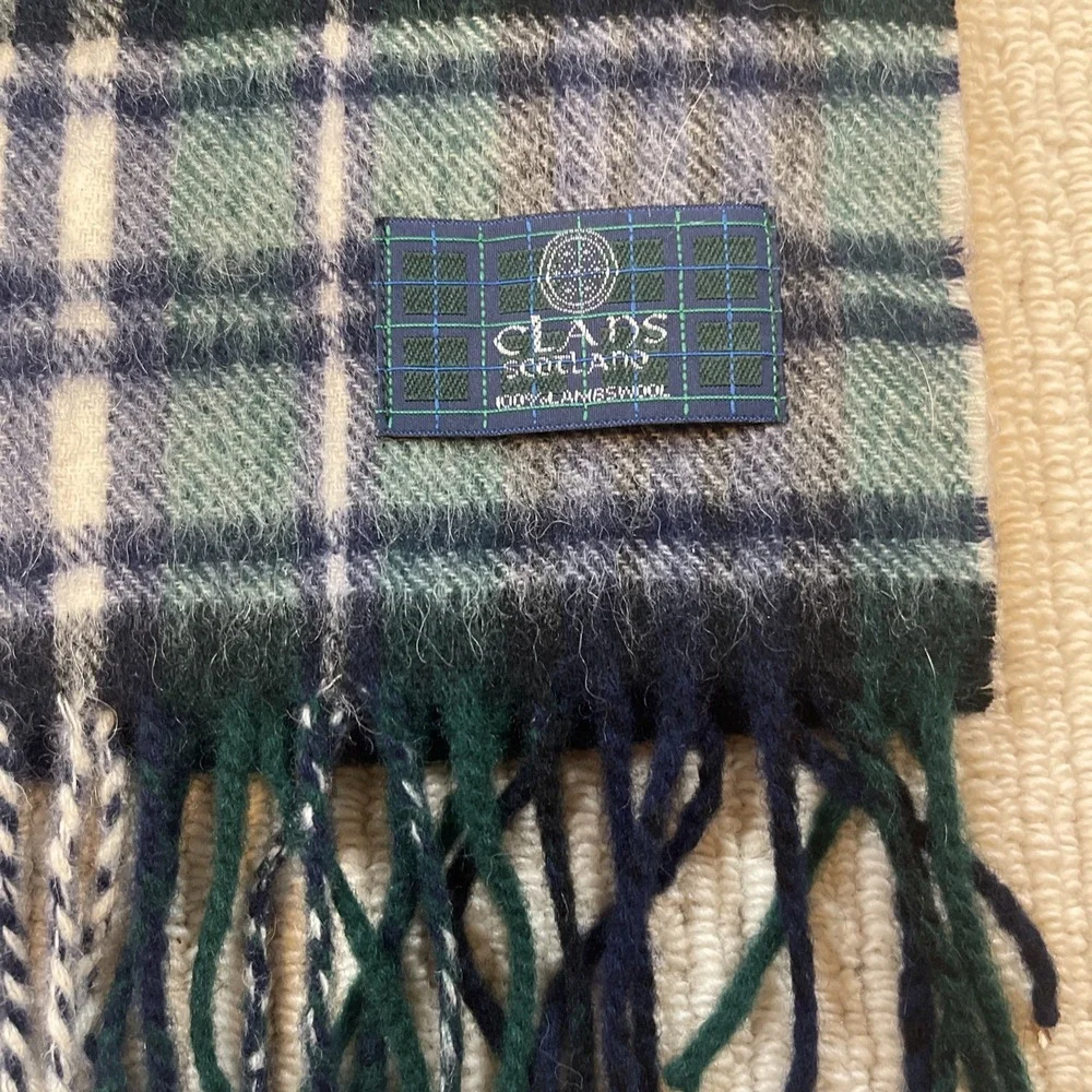 CLANS SCOTLAND 100% Lambswool Plaid Tartan Scarf Green/Navy 12x55